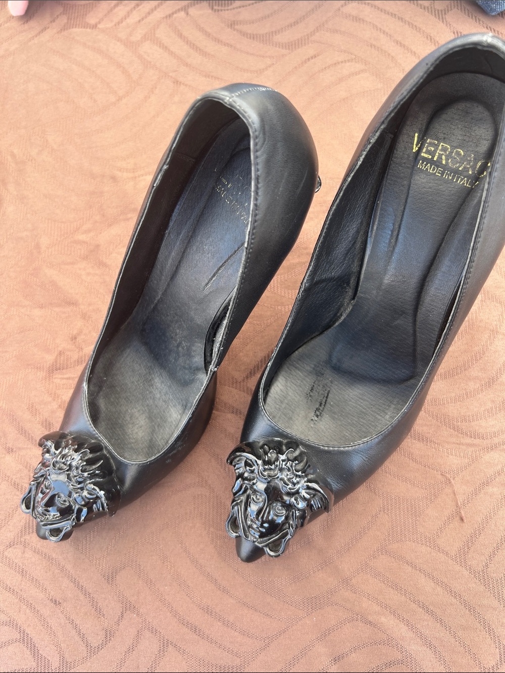 Versace Black Leather Pointed-Toe Pumps with Medusa Head Accent